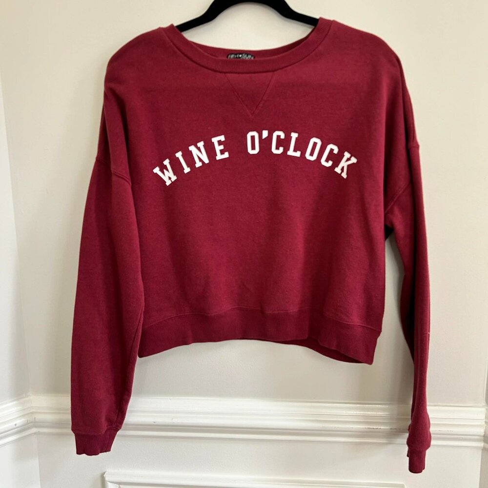 Fifth Sun Burgundy Wine O'Clock Cropped Long Sleeve Sweatshirt Size Medium